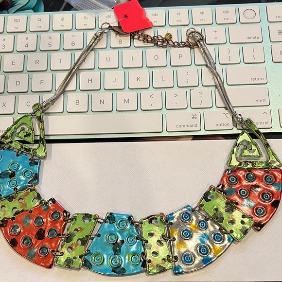 Treska Jewelry - Treska Colorful Multi-Panel Enamel Statement Necklace - Green, Blue, Red